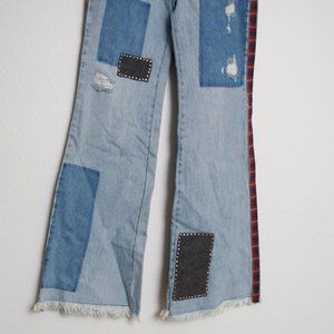 NWT Free People Plaid Mixed Patchwork Flare Jeans Metal Studs Rigid Denim 28